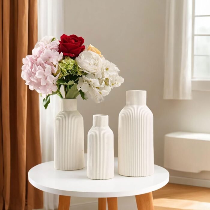 Vase, White Ceramic Vase Set of 3 - Minimalist Modern Home Decor for Desk, Shelf, and Table - Aesthetic Flower Vases for Entryway, Mantle, and Bookshelf (8" H, 6.8" H, 5.7" H)