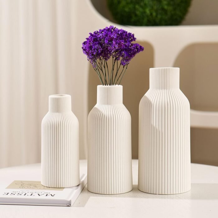 Vase, White Ceramic Vase Set of 3 - Minimalist Modern Home Decor for Desk, Shelf, and Table - Aesthetic Flower Vases for Entryway, Mantle, and Bookshelf (8" H, 6.8" H, 5.7" H)