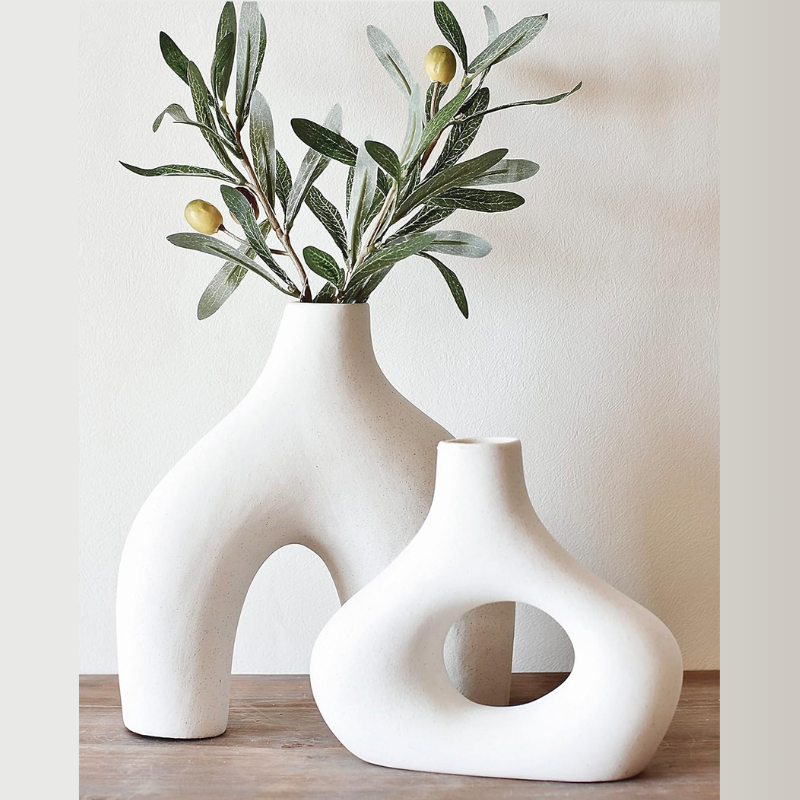 Carrot's Den Donut Vase, Set of 2 - Minimalist Nordic, White Ceramic Hollow Donut Vase Decor | Table Centerpiece, Olive Plant, Wedding, Living Room, Bookshelf, Office, Modern Home, Entryway, Console