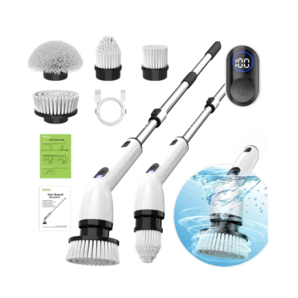 TUYU Electric Spin Scrubber, Full-Body IPX7 Waterproof Bathroom Scrubber with Power LCD Display, Adjustable Extension Handle, Cordless Shower Cleaner Brush for Bathtub Kitchen Wall Cleaning