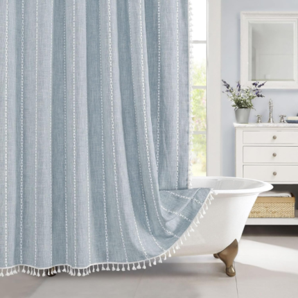 MitoVilla Blue Boho Fabric Shower Curtain, Modern Farmhouse Cotton Linen Shower Curtains for Vintage Rustic Bathroom Decor, Country Tassel Thick Cloth Shower Curtain, 72 x 72