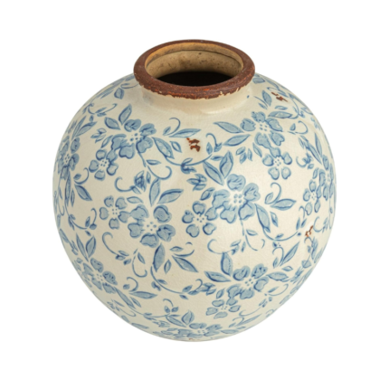 Creative Co-Op DF2720 8" H Terracotta Floral Transferware Pattern & Crackle Finish Vase, Blue