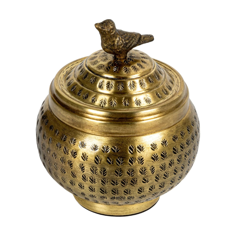 Creative Co-Op, Brass Round Hammered Metal Container with Bird Finial, Finish