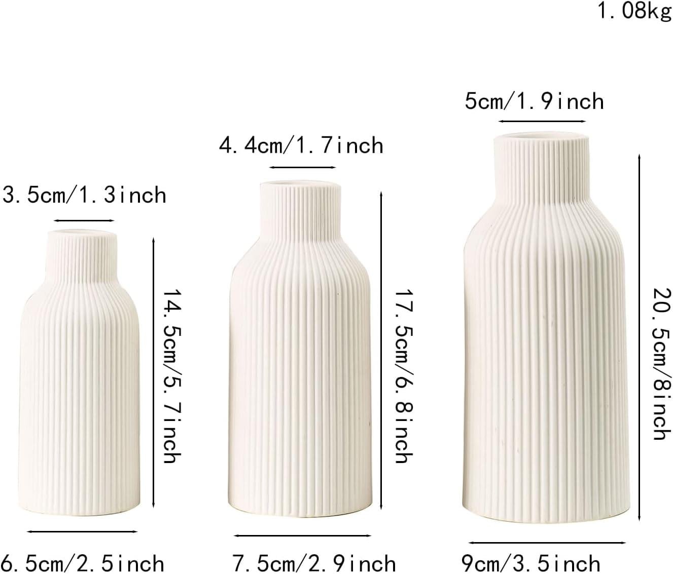 Vase, White Ceramic Vase Set of 3 - Minimalist Modern Home Decor for Desk, Shelf, and Table - Aesthetic Flower Vases for Entryway, Mantle, and Bookshelf (8" H, 6.8" H, 5.7" H)