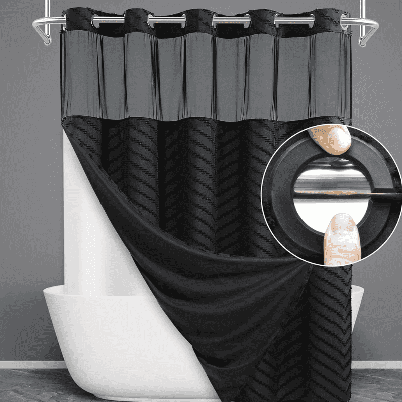 No Hook Shower Curtain with Snap in Liner, Tufted Chevron Striped Shower Curtain Set for Bathroom, Boho Waterproof and Washable Shower Curtains, 71Wx74H, Black No Hook Shower Curtain with Snap in Liner, Tufted Chevron Striped Shower Curtain Set for Bathroom, Boho Waterproof and Washable Shower Curtains, 71Wx74H, Black