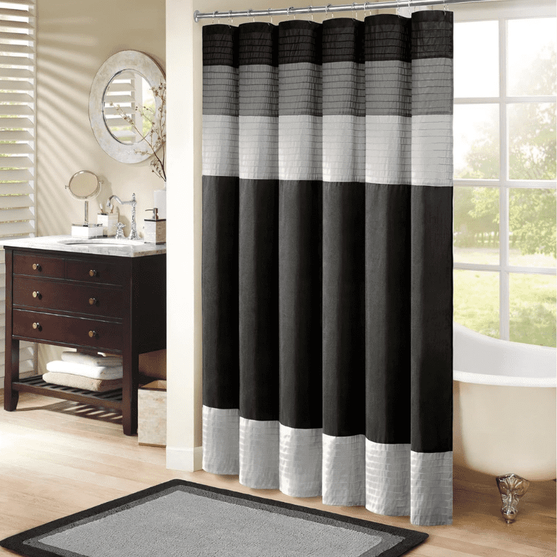 Madison Park Amherst Bathroom Shower Curtain Faux Silk Pieced Striped Modern Microfiber Bath Curtains, 72×72 Inches, Black