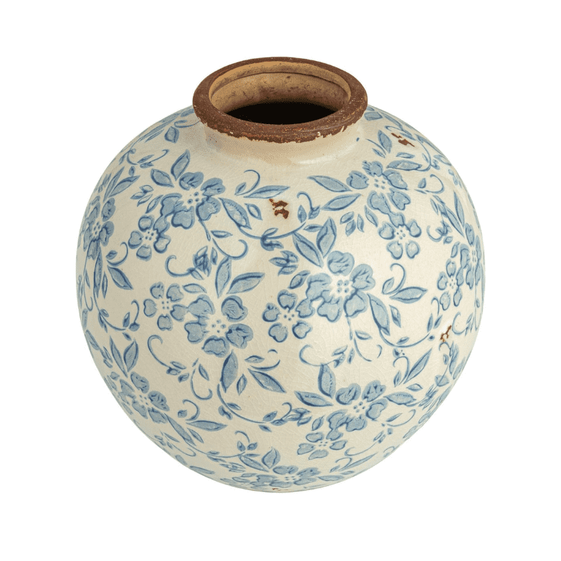 Creative Co-Op DF2720 8" H Terracotta Floral Transferware Pattern & Crackle Finish Vase, Blue Creative Co-Op DF2720 8" H Terracotta Floral Transferware Pattern & Crackle Finish Vase, Blue