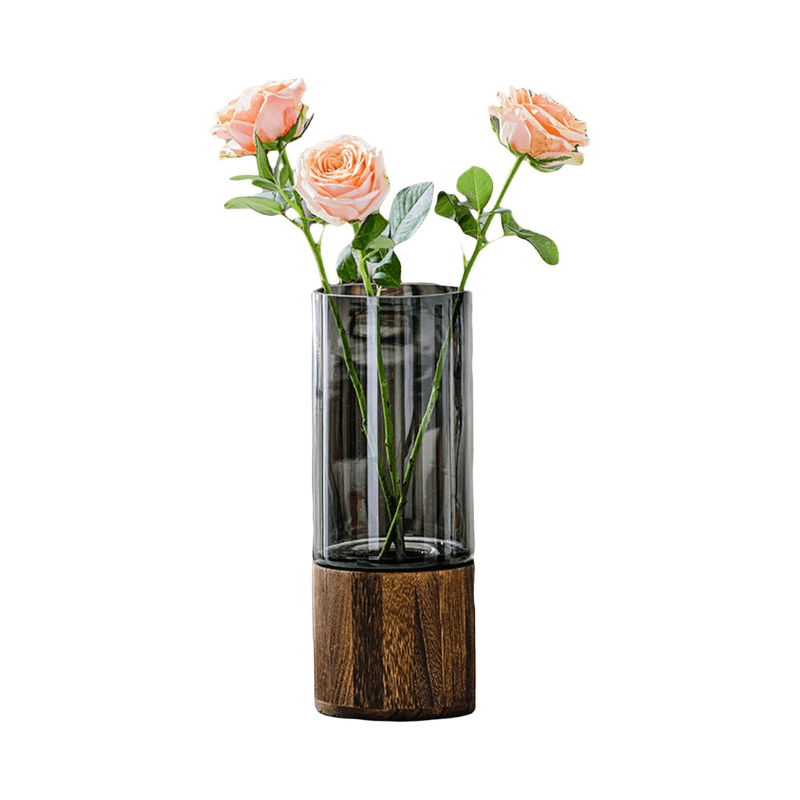 Artistic Wood Glass Vase, 10" H, Wooden Base Cylindrical Flower Vase, Classic Boho Rustic Style for Fireplace Bedroom Kitchen Living Room Centerpieces Office Desk Artistic Wood Glass Vase, 10" H, Wooden Base Cylindrical Flower Vase, Classic Boho Rustic Style for Fireplace Bedroom Kitchen Living Room Centerpieces Office Desk