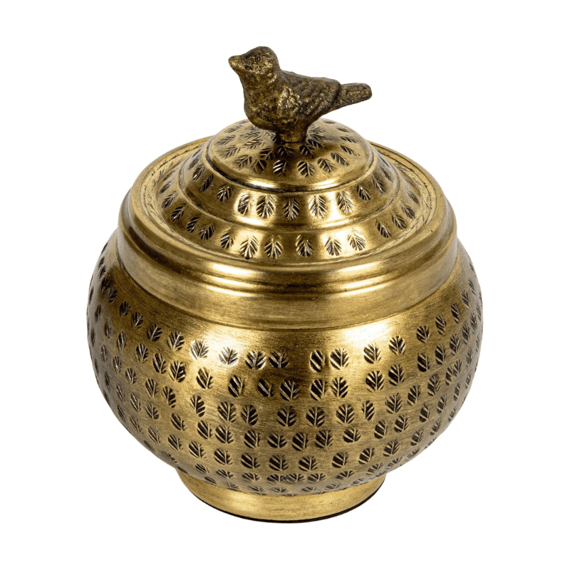 Creative Co-Op, Brass Round Hammered Metal Container with Bird Finial, Finish Creative Co-Op, Brass Round Hammered Metal Container with Bird Finial, Finish